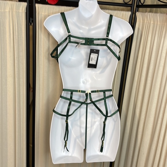 NWT- 3 PC SILKY GREEN LACE LINGERIE SET BRA, HIGH WAISTED G THONG & GARTER L/XL - Picture 11 of 13